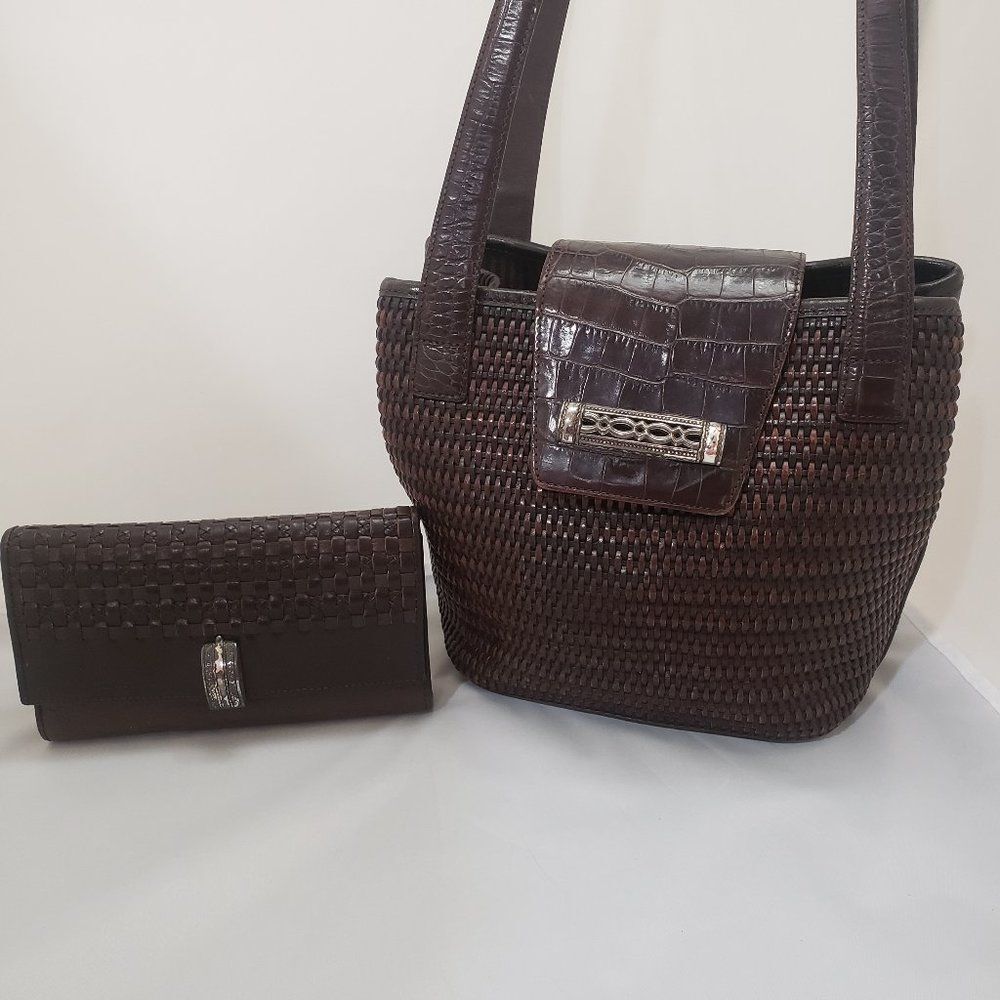 Brighton Brown Genuine Leather Shoulder Bag & Wallet Basketweave Accent Boho